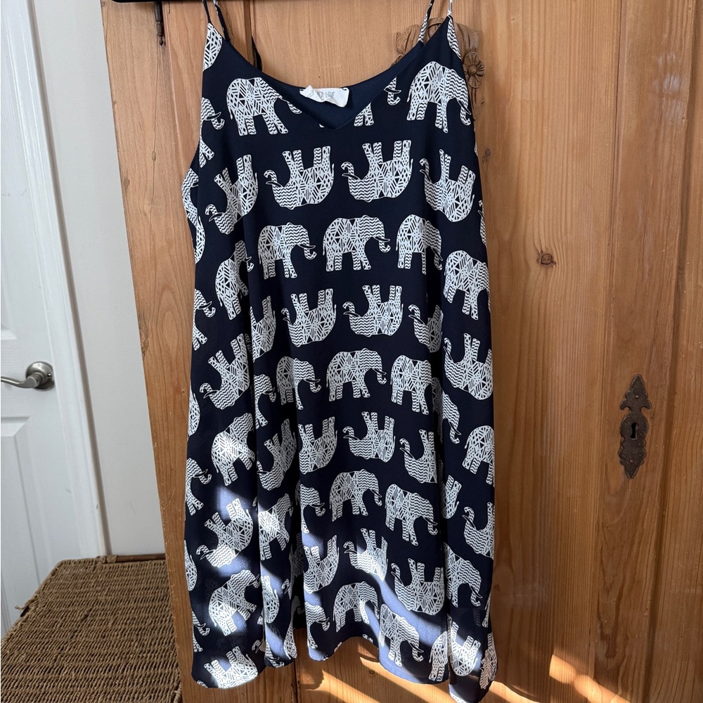 Peach Love California Navy and White Elephant Print Dress